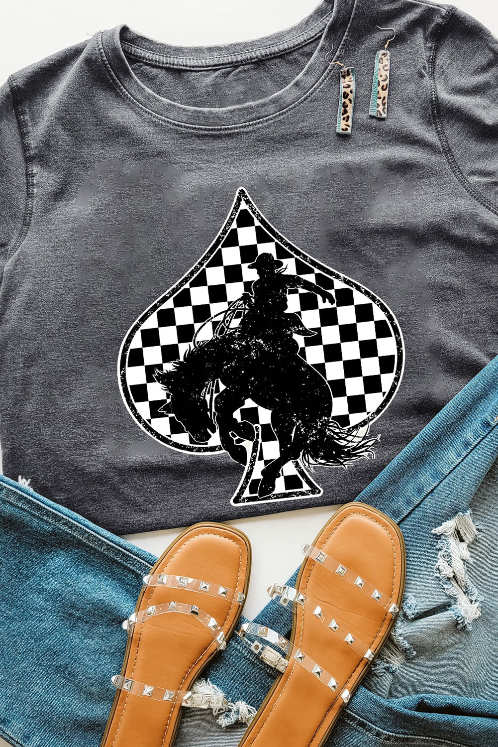 Gray Redeo Check Spades Western Graphic T Shirt