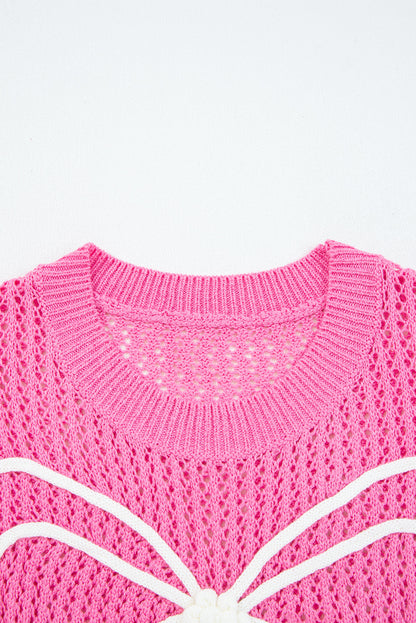 Sachet Pink Sweet Bow Decor Hollow Out Knitted Drop Shoulder Sweater