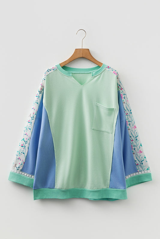 Green Color Block Floral Patchwork Long Sleeve Notched Neck Plus Size Top