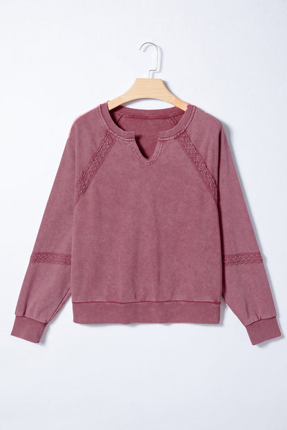 Red Dahlia Lace Patchwork Detail Notched Neck Mineral Wash Baggy Sweatshirt
