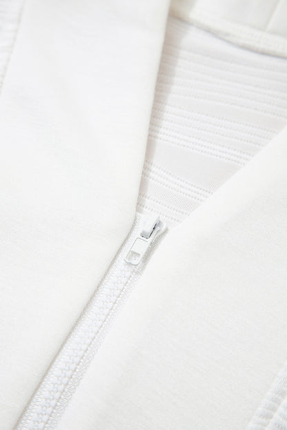 White Solid Color Textured Zip V Neck Pullover Sweatshirt