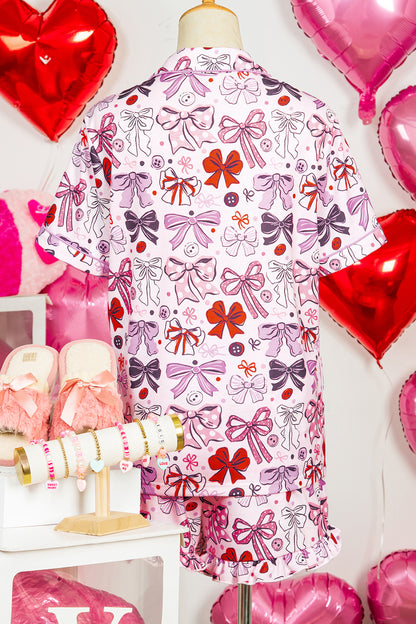 Pink Cute Ribbon Bows Printed Shirt Style 2pcs Short Pajama Set