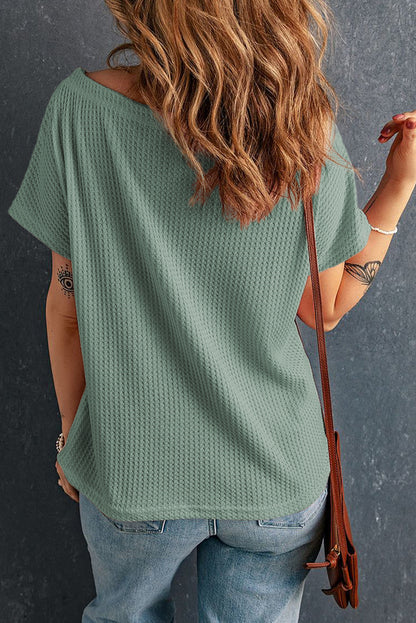 Black Waffle Knit Boat Neck Short Sleeve Top