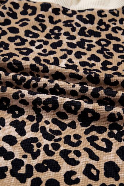 Leopard Print Waffle Contrast Kangaroo Pocket Hooded Sweatshirt