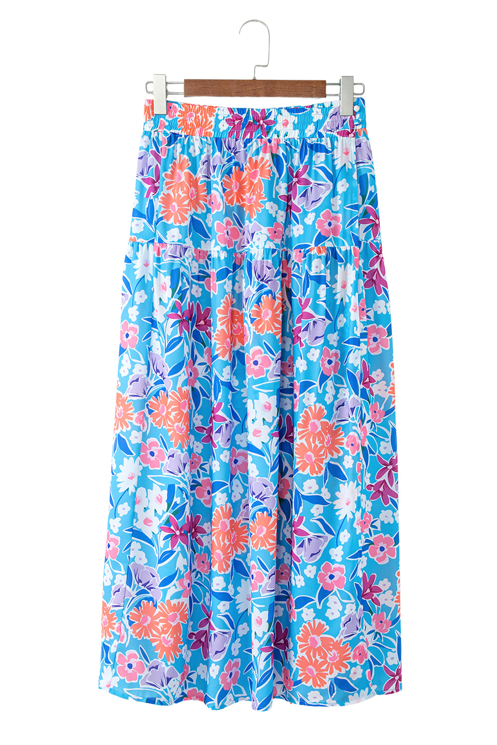 Sky Blue Floral Printed High Waist Split Wrap Long Skirt