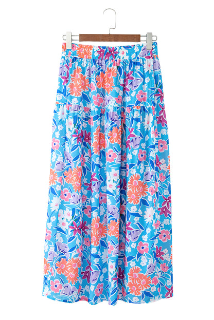 Sky Blue Floral Printed High Waist Split Wrap Long Skirt