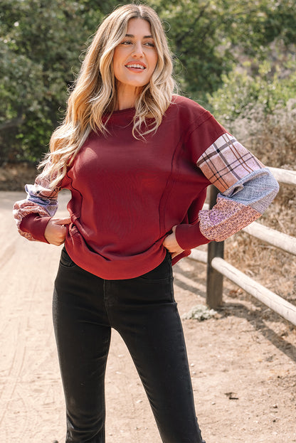 Red Sandalwood Plaid Colorblock Patchwork Sleeve Raw Seam Sweatshirt