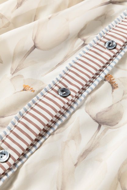 Khaki Plus Size Floral Print Striped Trim Patchwork Button Down A-line Dress