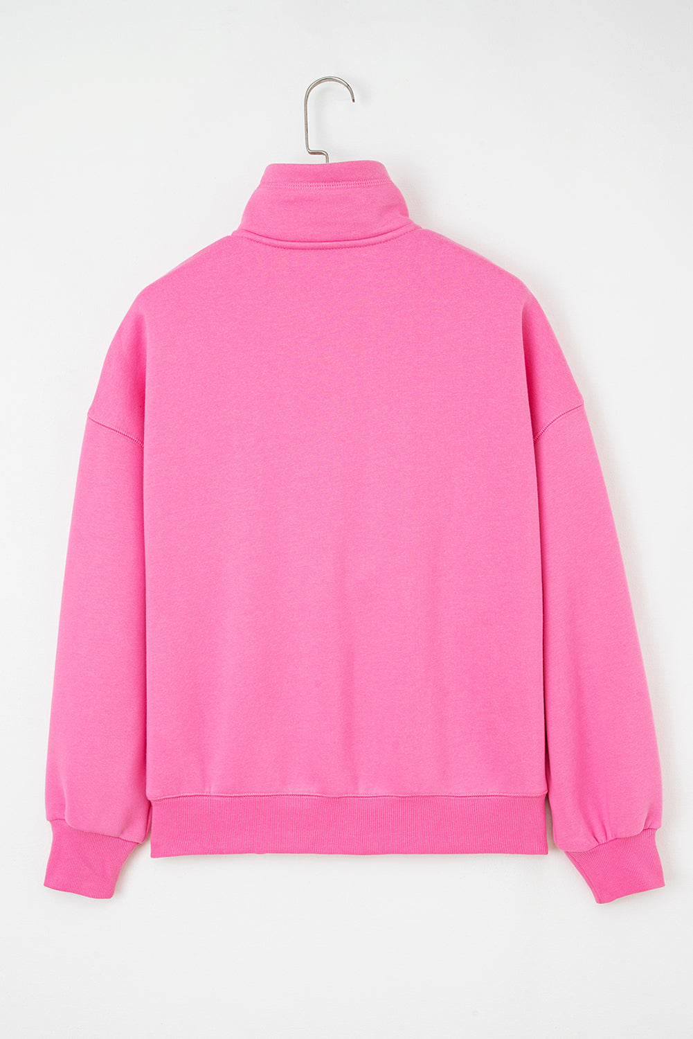 Bright Pink Half Button Stand Neck Drop Shoulder Sweatshirt