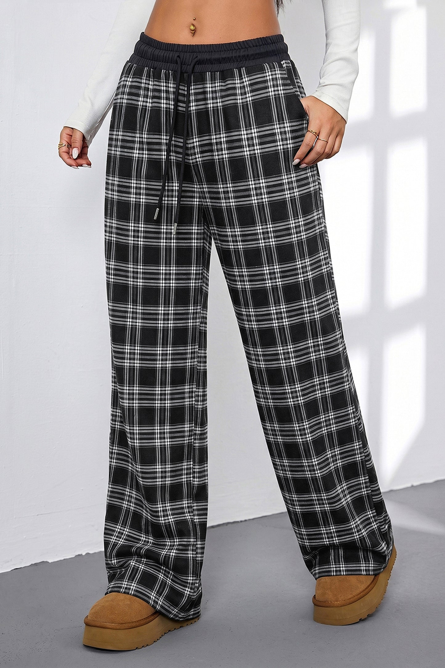 Black Frenchy Plaid Pattern Contrast Drawstring Waist Wide Leg Pants