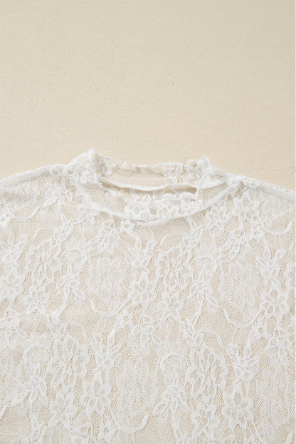 White Sheer Lace Mesh Mock Neck Slim Fit Long Sleeve Top