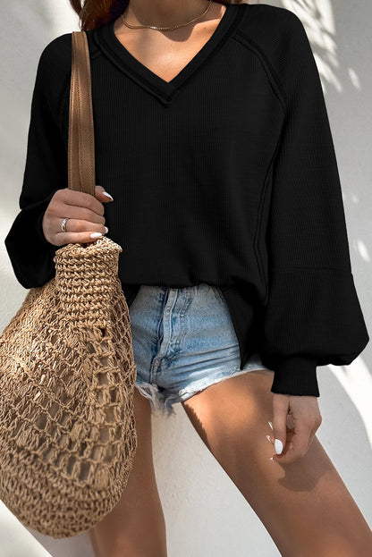 Black Exposed Seam Textured Knit V Neck Pullover Top
