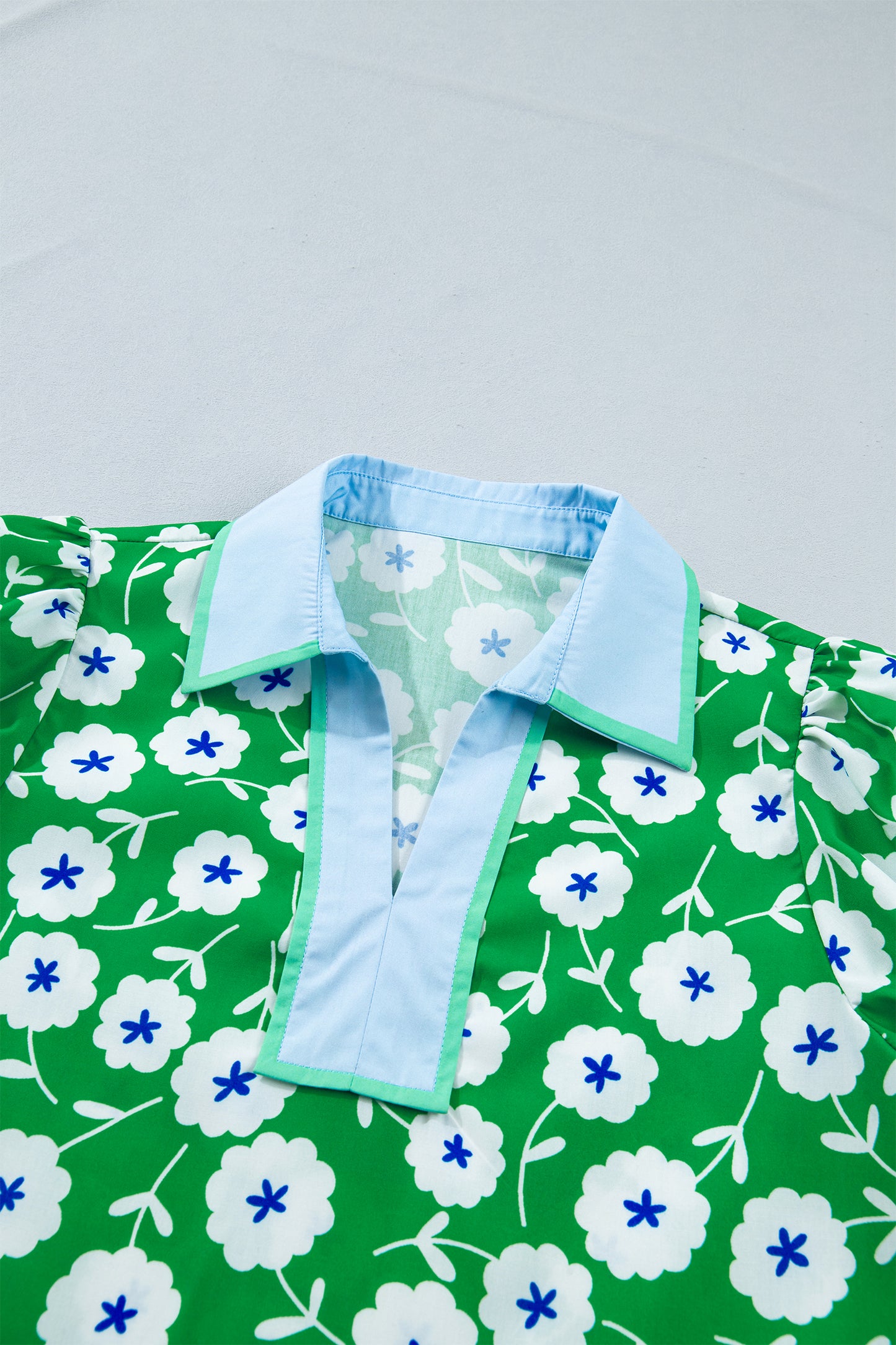 Green Flower Printed Contrast Patchwork Collar Short Sleeve Blouse