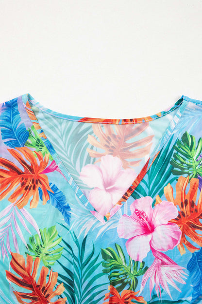 Sky Blue Tropical Print V Neck Semi Sheer Beach Cover Up Dress