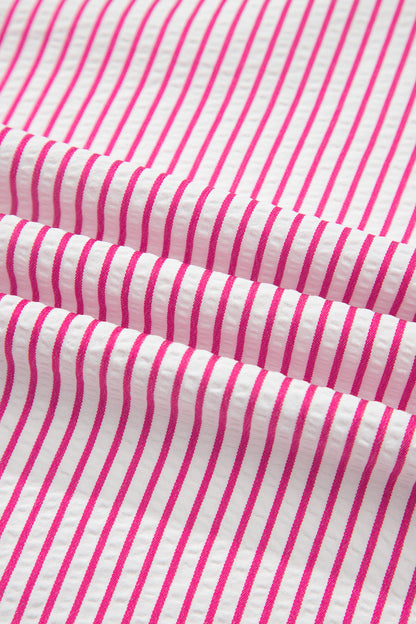 Red Stripe Frilled Detail Half Buttons Short Sleeve Long Dress