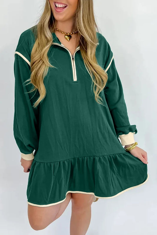 Evergreen Contrast Trim Zip Collar Long Sleeve Ruffle Hem Mini Dress
