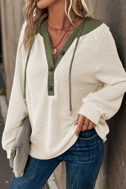 White Waffle Contrast Half Buttoned Hooded Pullover Top