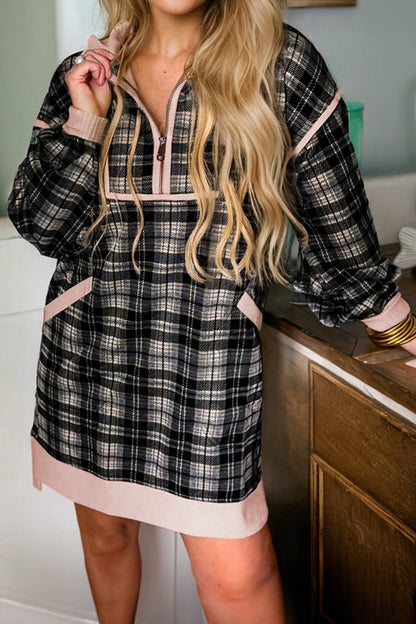 Black Plaid Polo Collar Zip up Contrast Trim Shift Long Sleeve Mini Dress