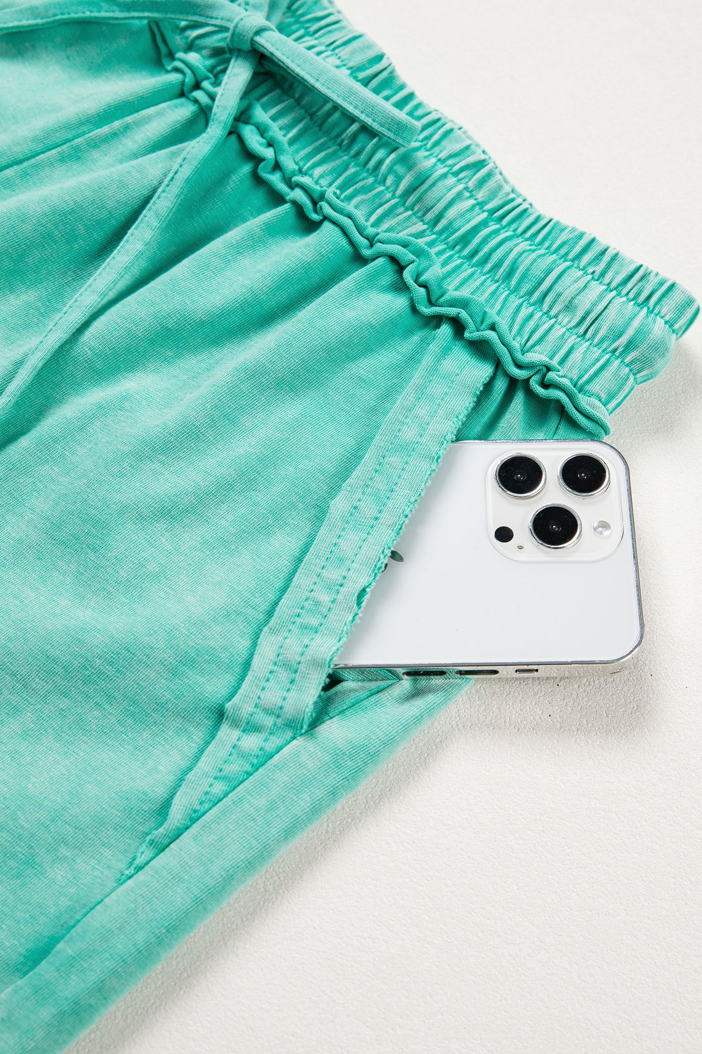 Sea Green Mineral Washed Drawstring Elastic Waist Raw Cut Shorts