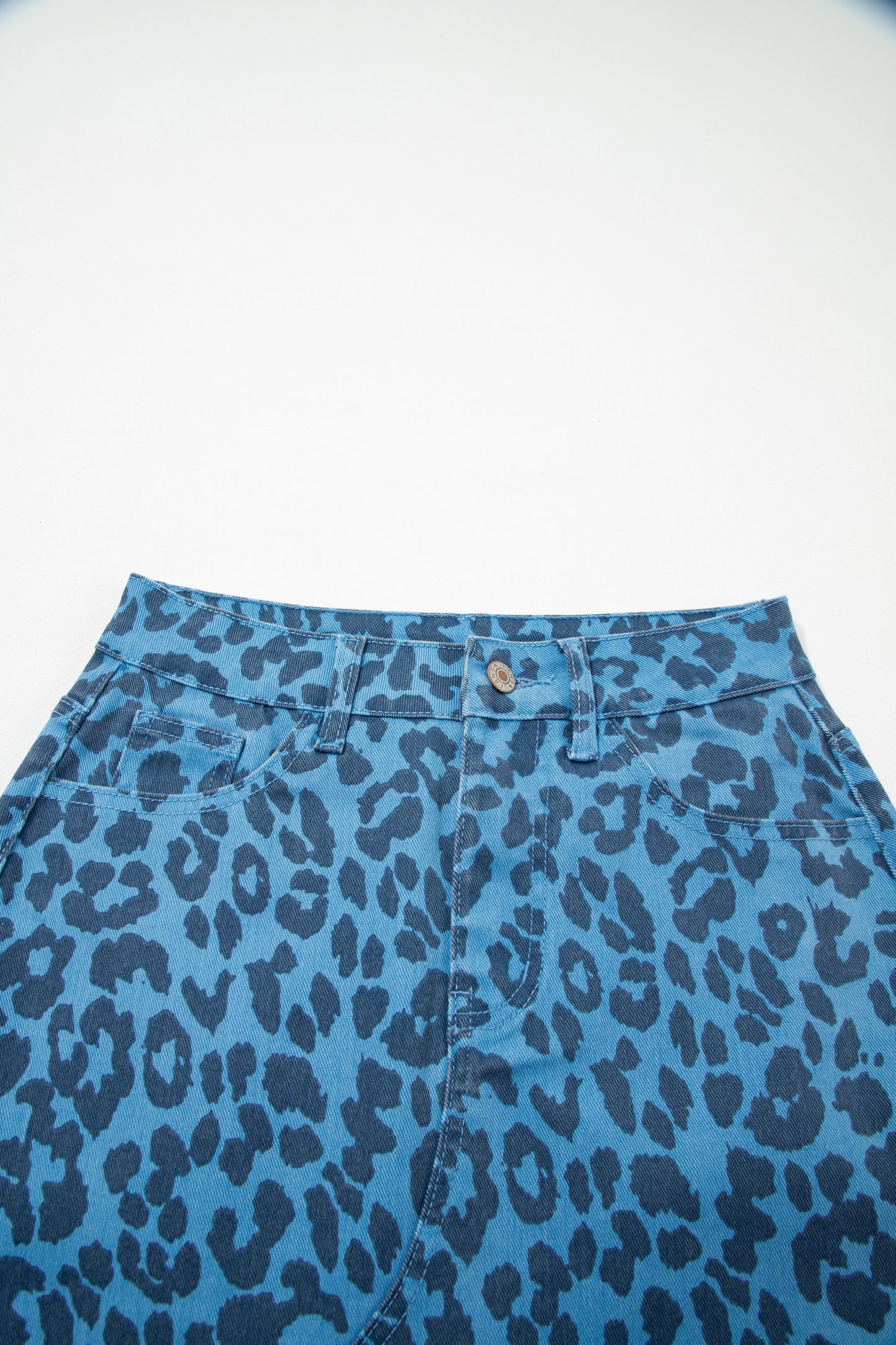 Sky Blue Leopard Denim Frayed Split Denim Midi Skirt