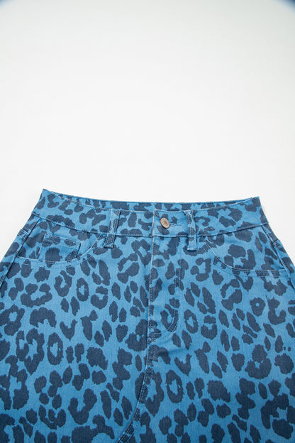 Sky Blue Leopard Denim Frayed Split Denim Midi Skirt