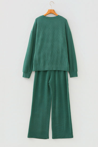 Dark Green MERRY Corded Long Sleeve Top and Pockets Pants Set