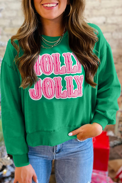 Sea Green HOLLY JOLLY Towel Embroidered Christmas Holiday Sweatshirt