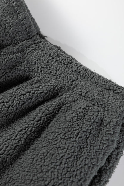 Medium Grey Fuzzy Drawstring Hoodie Lounge Pants 2pcs Set