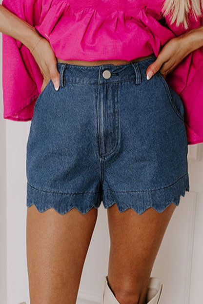 Dusk Blue Scalloped Hemline Acid Wash High Waist Denim Shorts