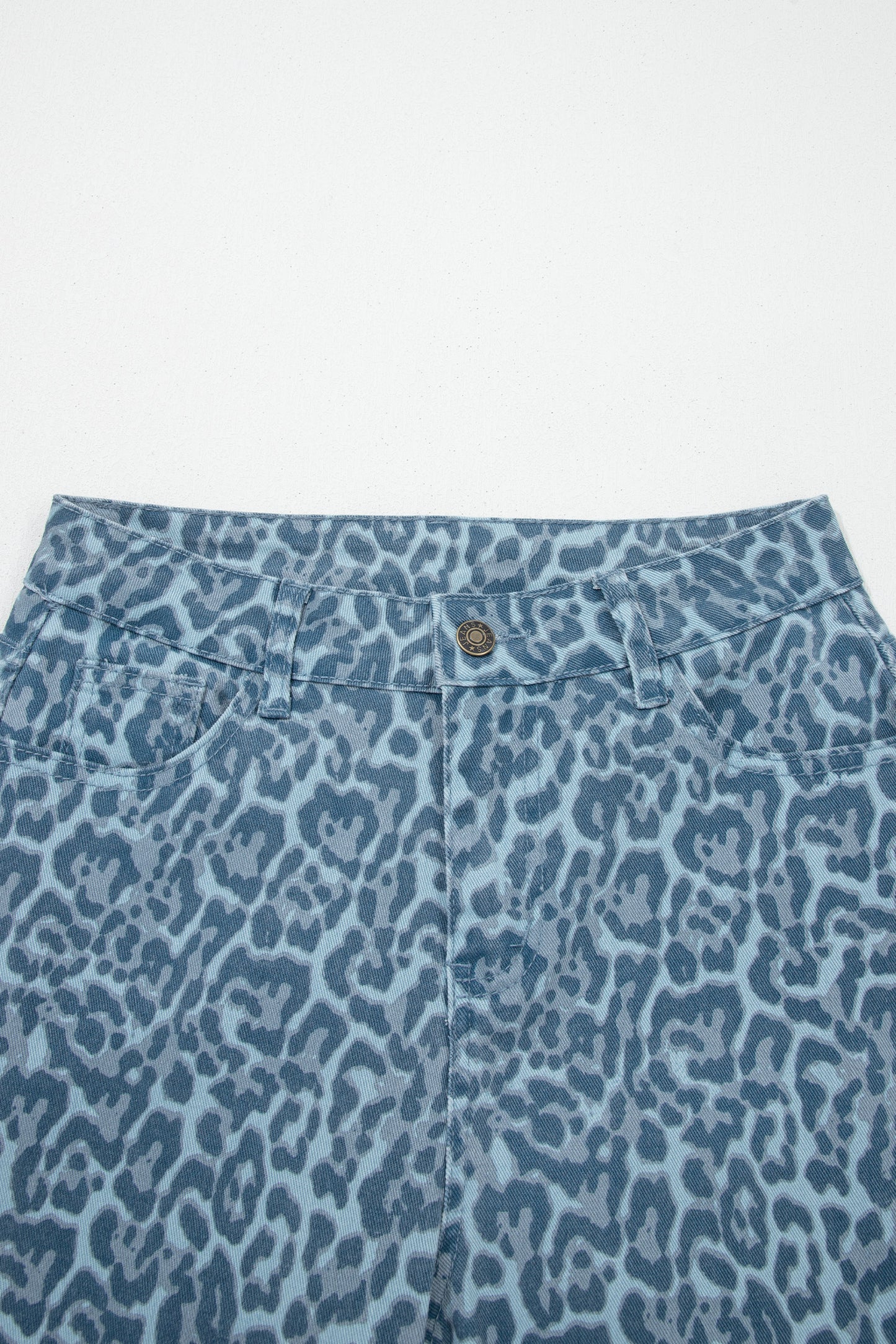 Sky Blue Leopard Frayed Edge Wide Leg High Waist Jeans