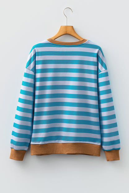 Sky Blue Stripe Contrast Color Ribbed Trim Round Neck Drop Shoulder Sweatshirt