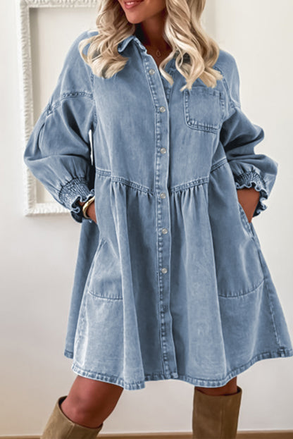 Beau Blue Smocked Cuffs Flared Denim Shirt Mini Dress