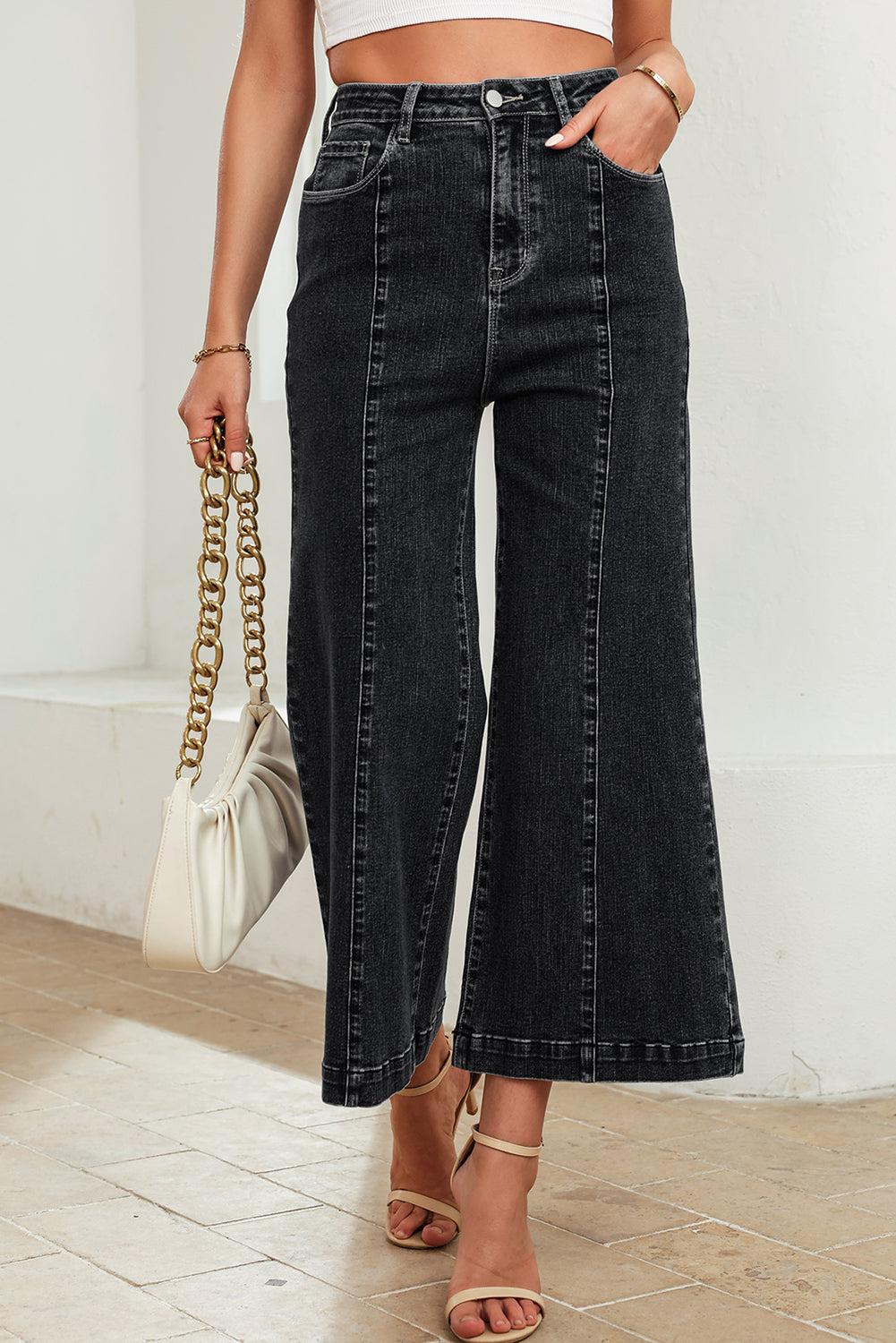 Dark Blue Plain Seam Detail Flared Bottom Ankle Length Jeans