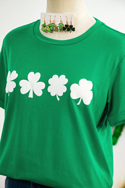 Bright Green St Patricks Day Clover Printed Casual T Shirt