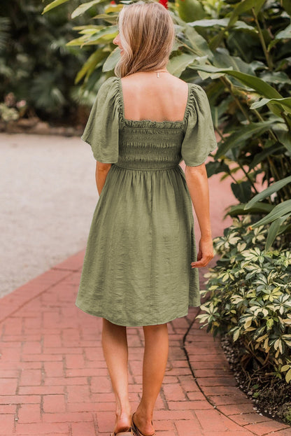 Grass Green Frilly Square Neck Flutter Sleeve Smocked High Waist Plus Size Dress