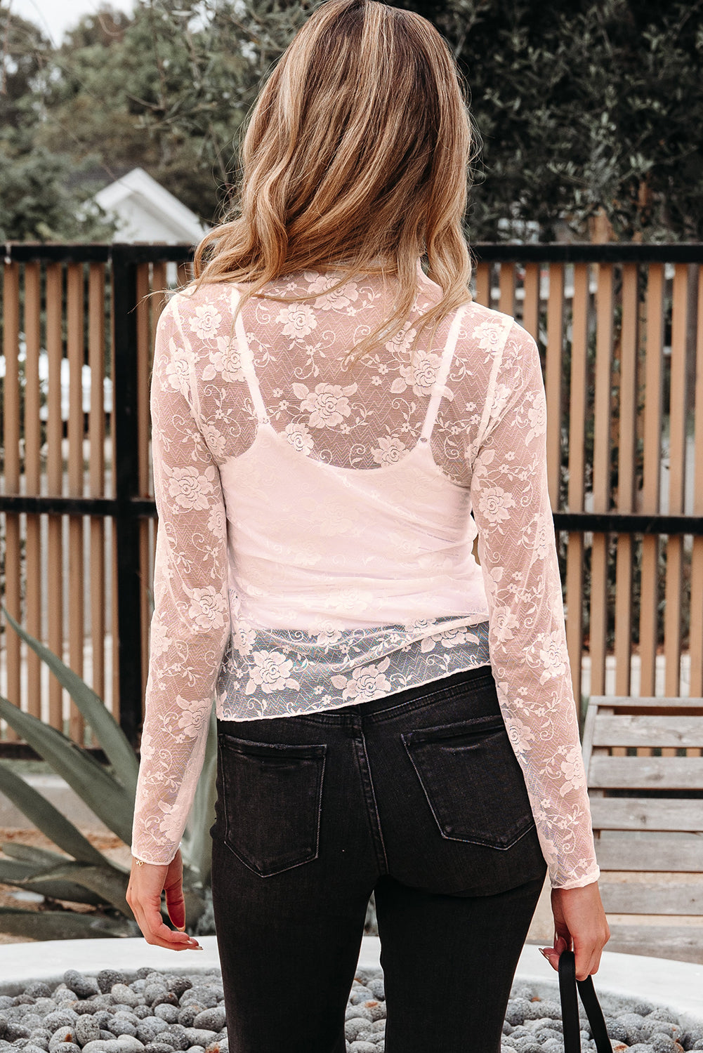 White Sheer Floral Lace Mesh Mock Neck Long Sleeve Top
