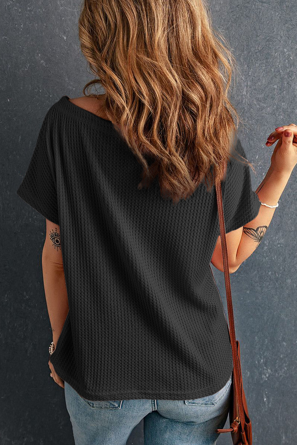 Black Waffle Knit Boat Neck Short Sleeve Top