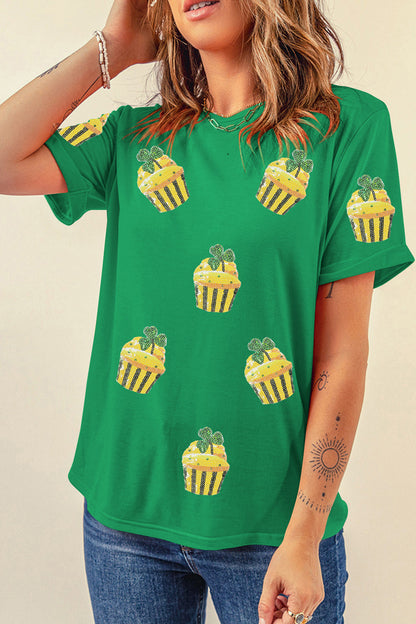 Bright Green St Patricks Day Sequin Cupcake Graphic T Shirt