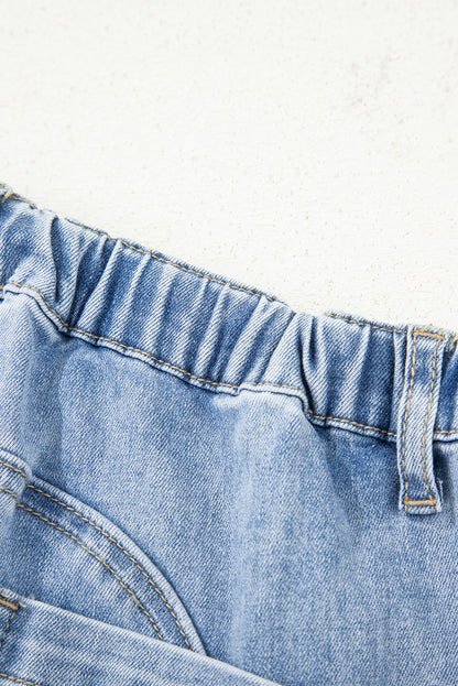 Beau Blue Drawstring Seam Detail Raw Hem Wide Leg Denim Pants