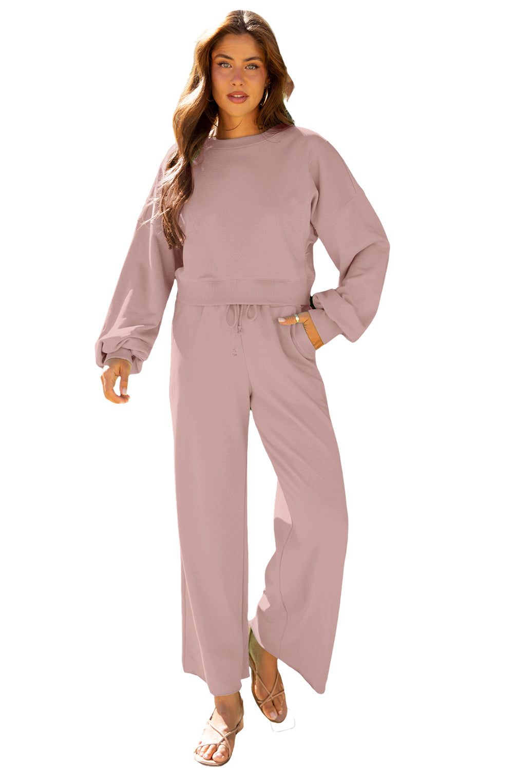 Light Pink Drop Shoulder Puff Sleeve Crop Pullover Drawstring Wide Leg Pants Set