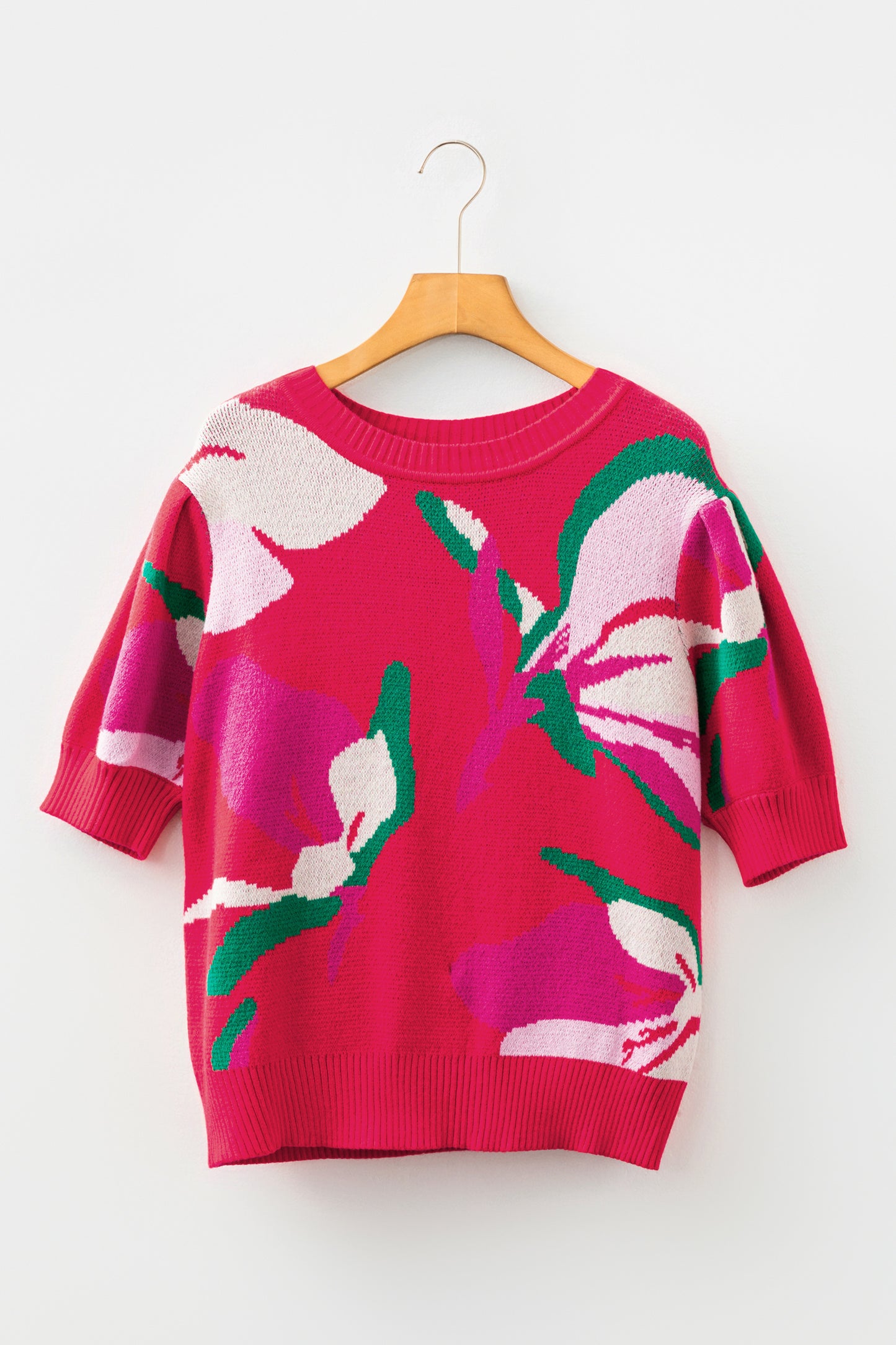 Red Floral Abstract Print Short Puff Sleeve Sweater