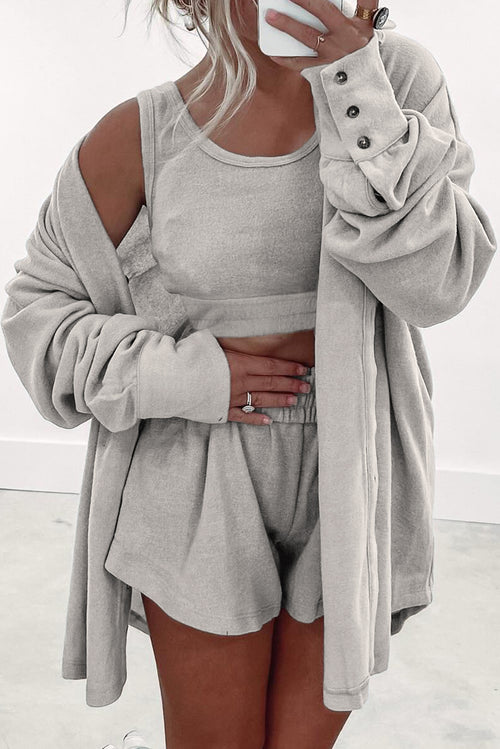 Gray 3 Pcs Crop Tank Top Shorts with Cardigan Lounge Set
