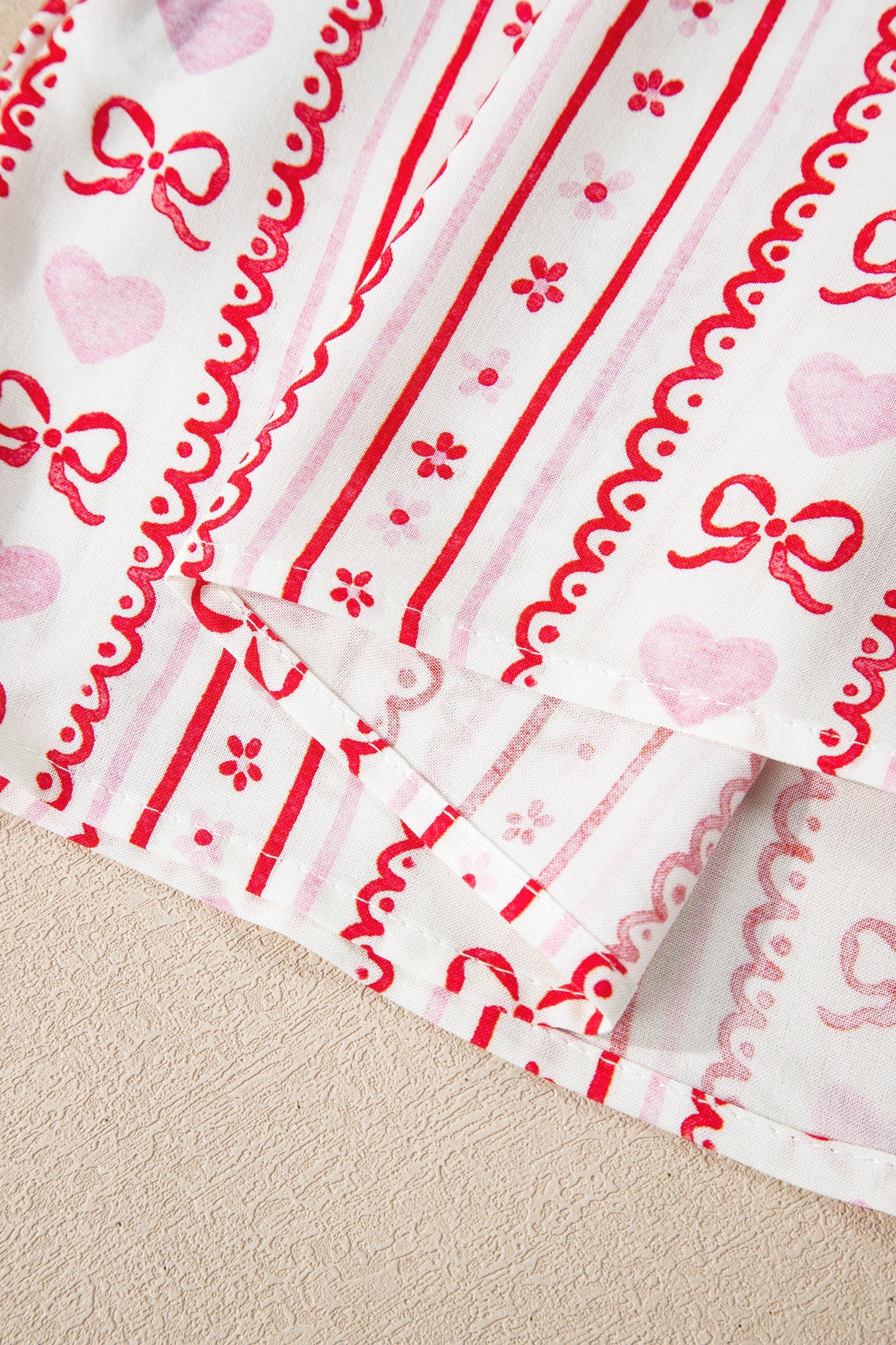 Red Cute Bow Heart Print Ribbon Decor Short 2pcs Pajama Set