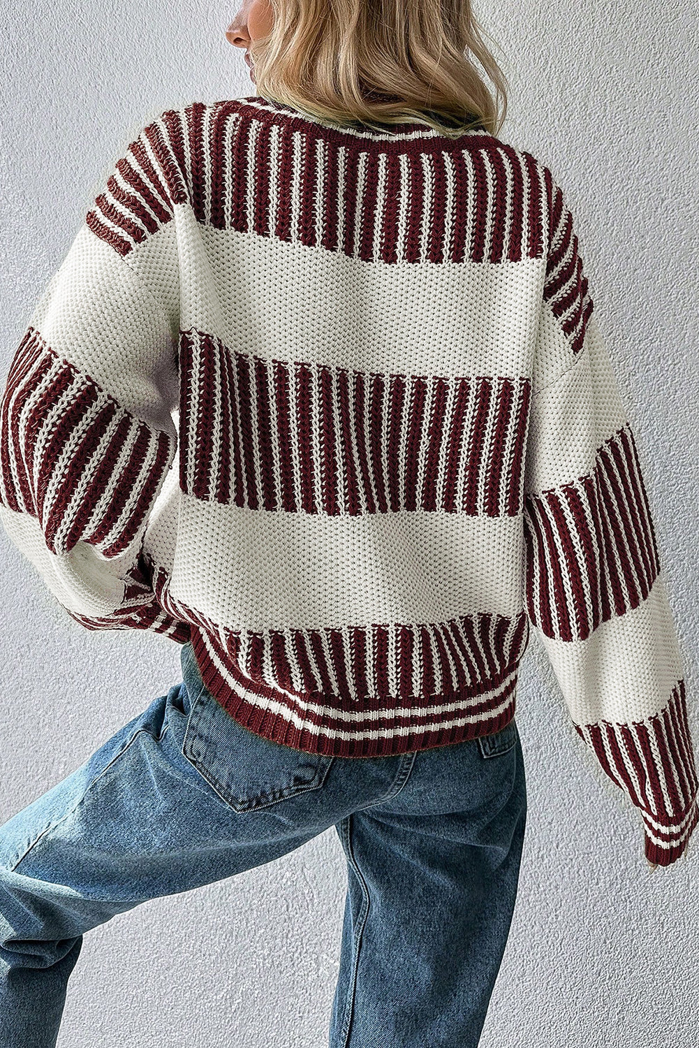 Light Blue Two Tone Striped Patchwork Drop Shoulder Loose Sweater