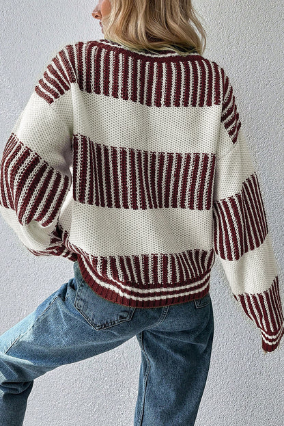 Light Blue Two Tone Striped Patchwork Drop Shoulder Loose Sweater