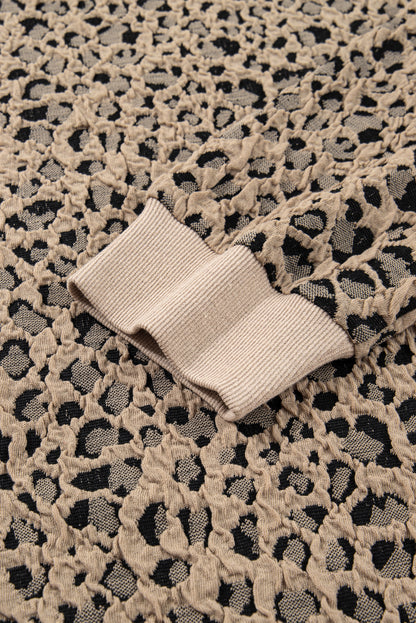 Khaki Leopard Textured Ribbed Trim Plus Size Long Sleeve Top