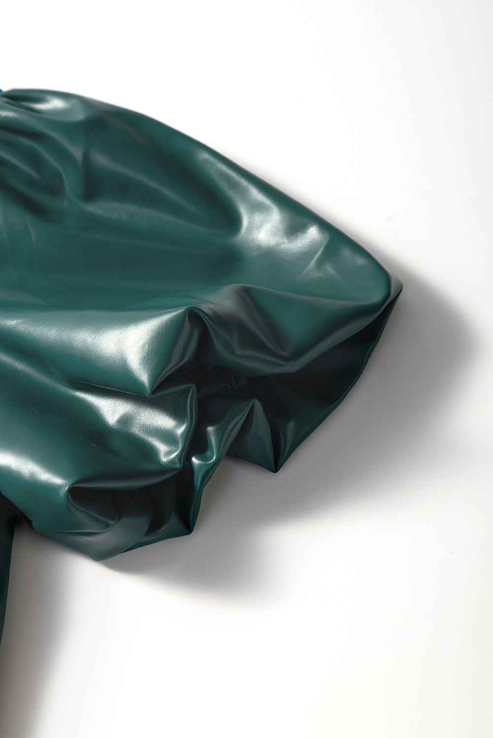 Sea Green  Notched V Neck Short Puff Sleeve PU Leather Blouse