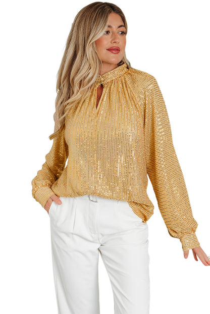 Gold Metallic Balloon Sleeve Buttoned High Neck Loose Blouse