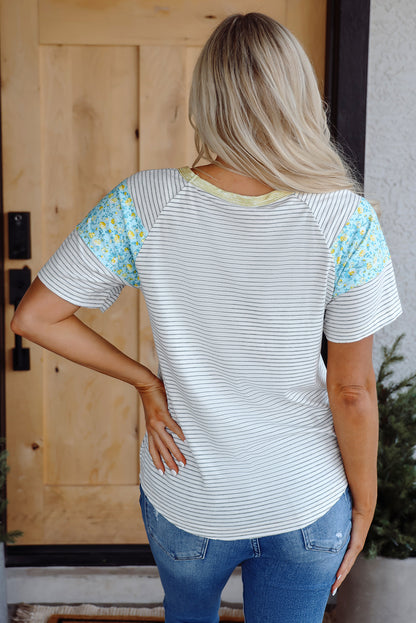 White Stripe Floral Insert Sleeves Contrast Round Neck Tee