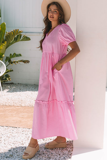 Pink Stripe V Neck Puff Short Sleeve Maxi Dress